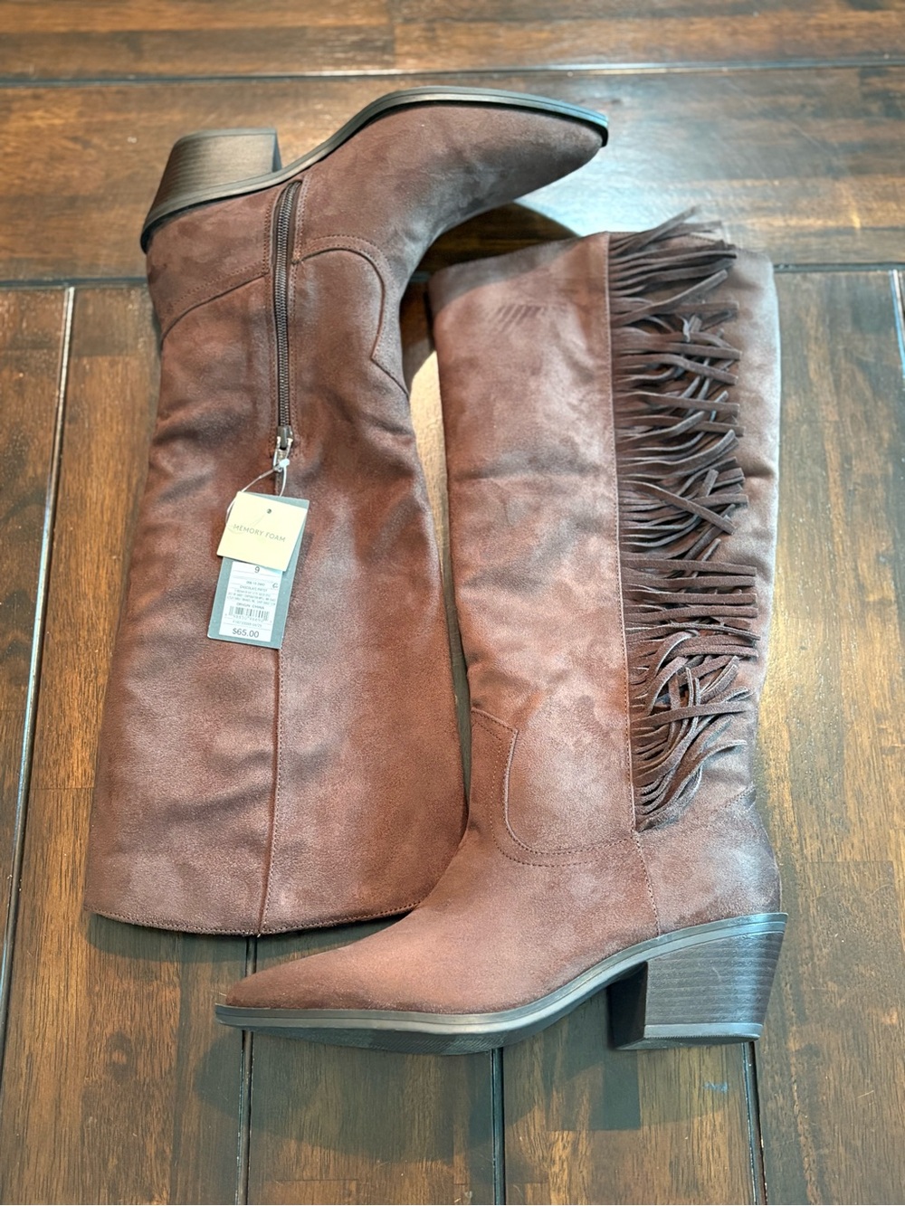 Brown Faux Suede Knee High Fringed Western Boots, Memory Foam, Size 9 NWT